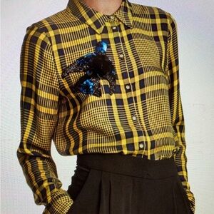 H&M Navy and Yellow Plaid Shirt with sequin bird!